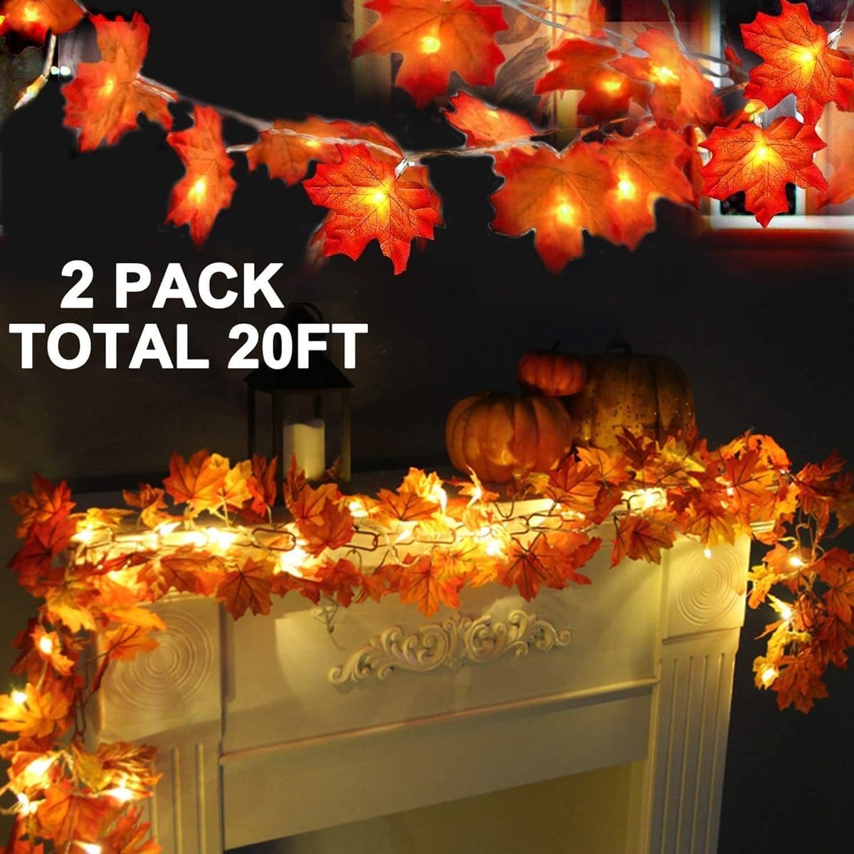 TURNMEON 2 Pack Fall Decor Enlarged Maples Leafed Lights Total 20Ft 40LED Thanksgiving Halloween Fall Decorations for Home,Battery Operated Autumn Garland Waterproof Indoor Outdoor Holiday Christmas