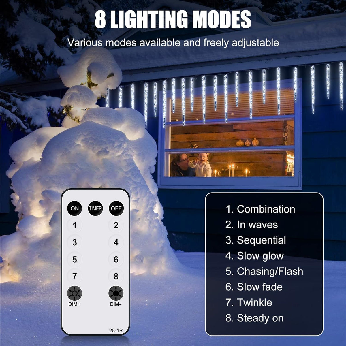 Icicle Lights Outdoor 13.5ft With Remote - 20 Tubes 100 LED Christmas Lights, Waterproof Indoor for Tree Patio Roof Holiday Decor, Cool White