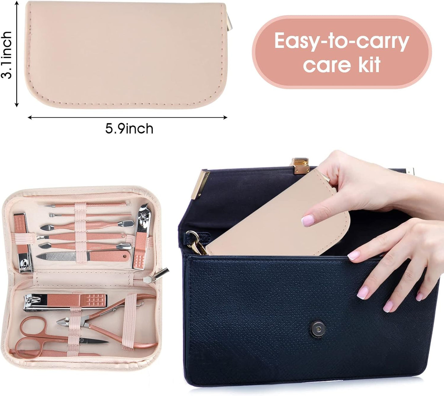Nail Clippers and Beauty Tool Portable Set Manicure Set 12 in 1, with Pink Leather Bag, Suitable for Home, Workplace, Outdoor Travel, Gift Giving, Salon