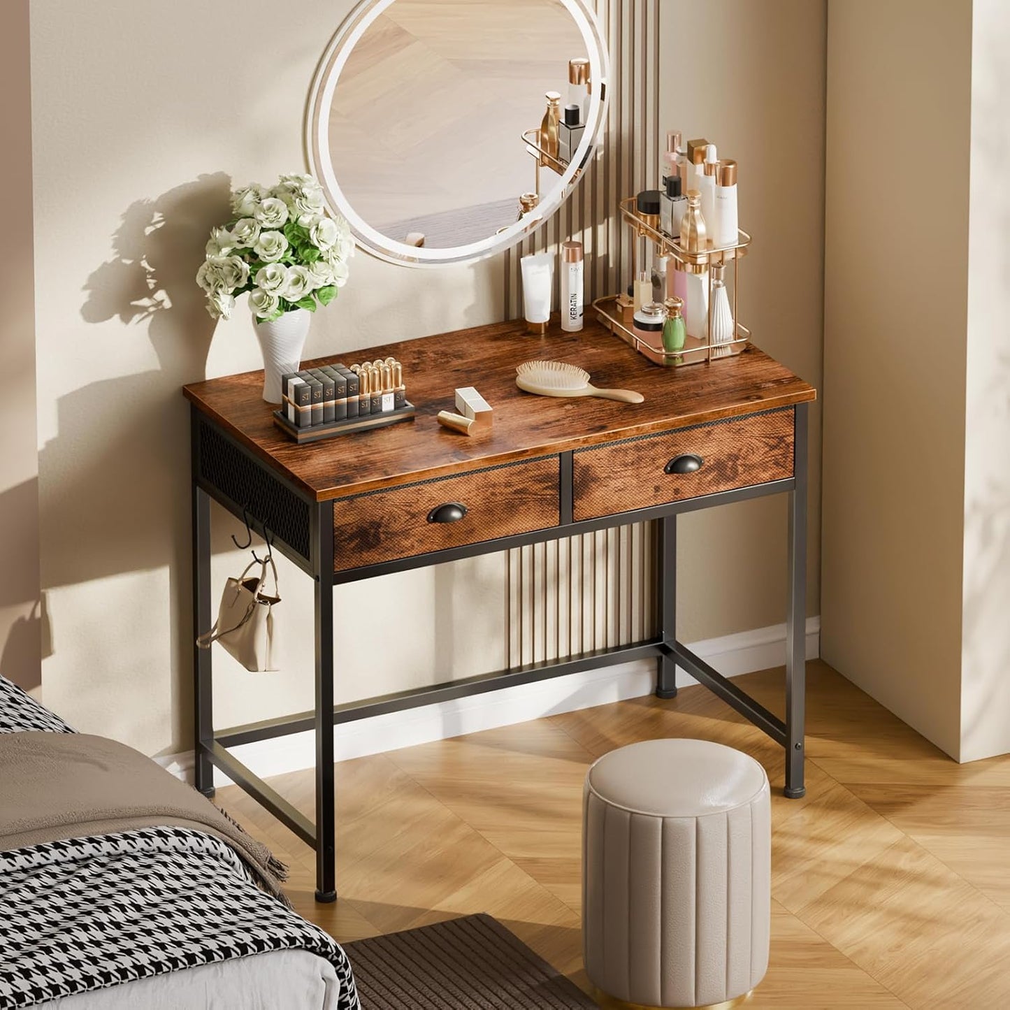 Furologee Small Computer Desk with 2 Fabric Drawers for Bedroom,34 Inch Home Office Writing Desk, Vanity Desk with Hooks, Simple Study Desk for Small Spaces, Makeup Dressing Table, Rustic Brown