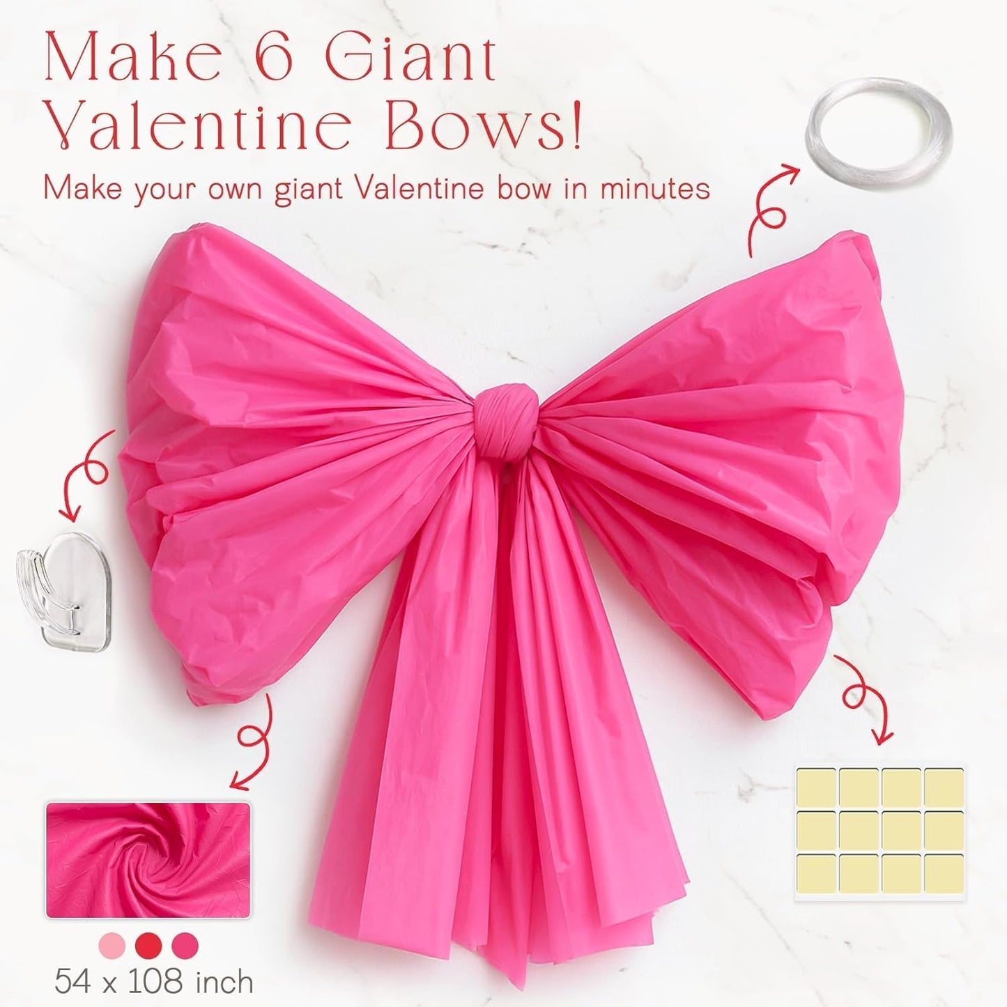 Valentines Day Decorations - Set of 6 DIY Giant Wall Bows - Hanging Valentine Bow Decor for Tree Door Window - Cute Items for Home Room Kitchen Classroom Bedroom Party Office Decoration