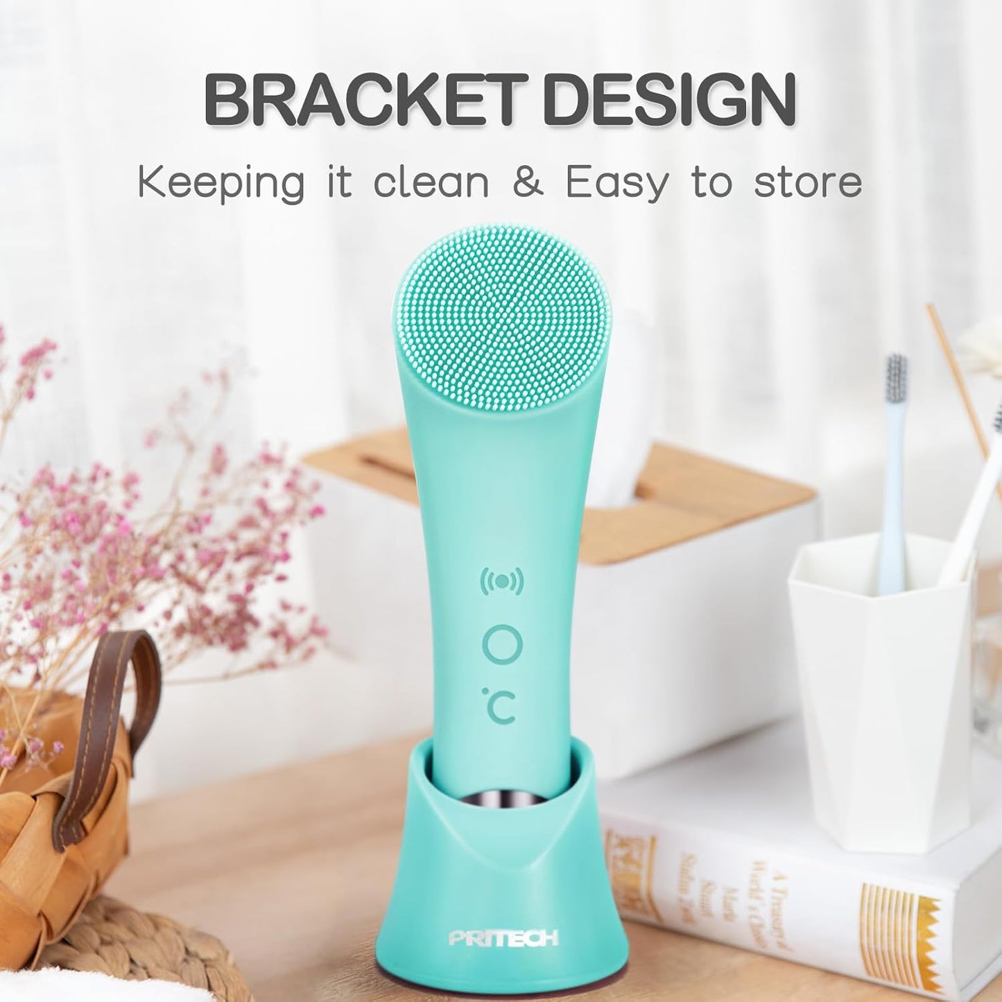 PRITECH Silicone Face Scrubber, Rechargeable Facial Cleansing Brush with Heat Massage End, Vibrating Exfoliator Scrubber for Deep Cleaning, Waterproof Face Brush for Women and Men (Green)