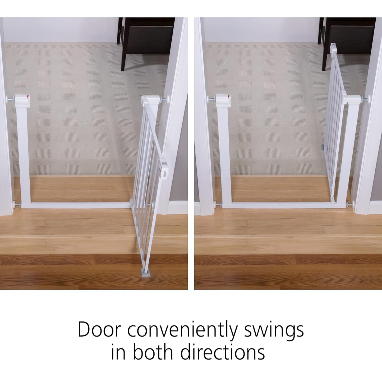 Two views of a door swing gate on a wooden floor with text indicating it swings in both directions.