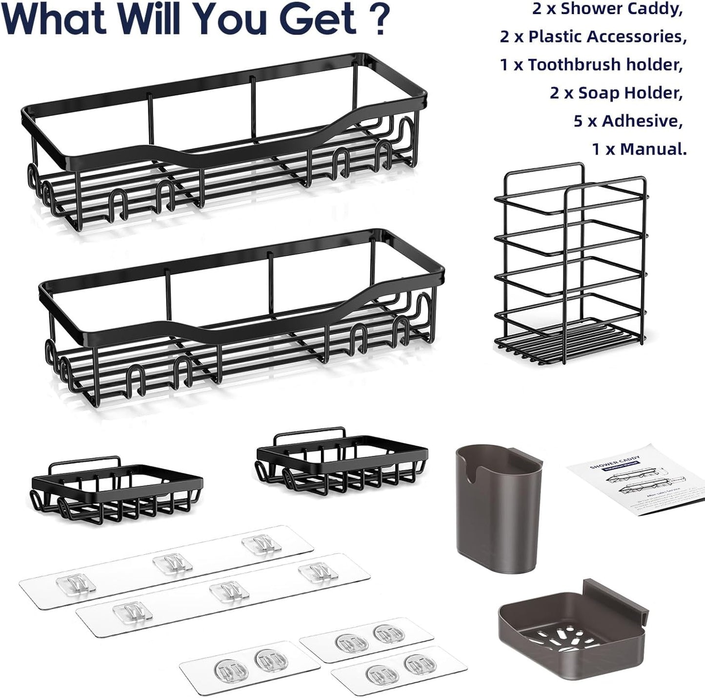 Shower Caddy Adhesive Shower Organizer 7-Pack, Rustproof Stainless Steel Bathroom Shelves, Large Capacity No-Drill Rack Storage Accessories with Soap Dish Toothbrush Holder &24 Hooks Home Decor