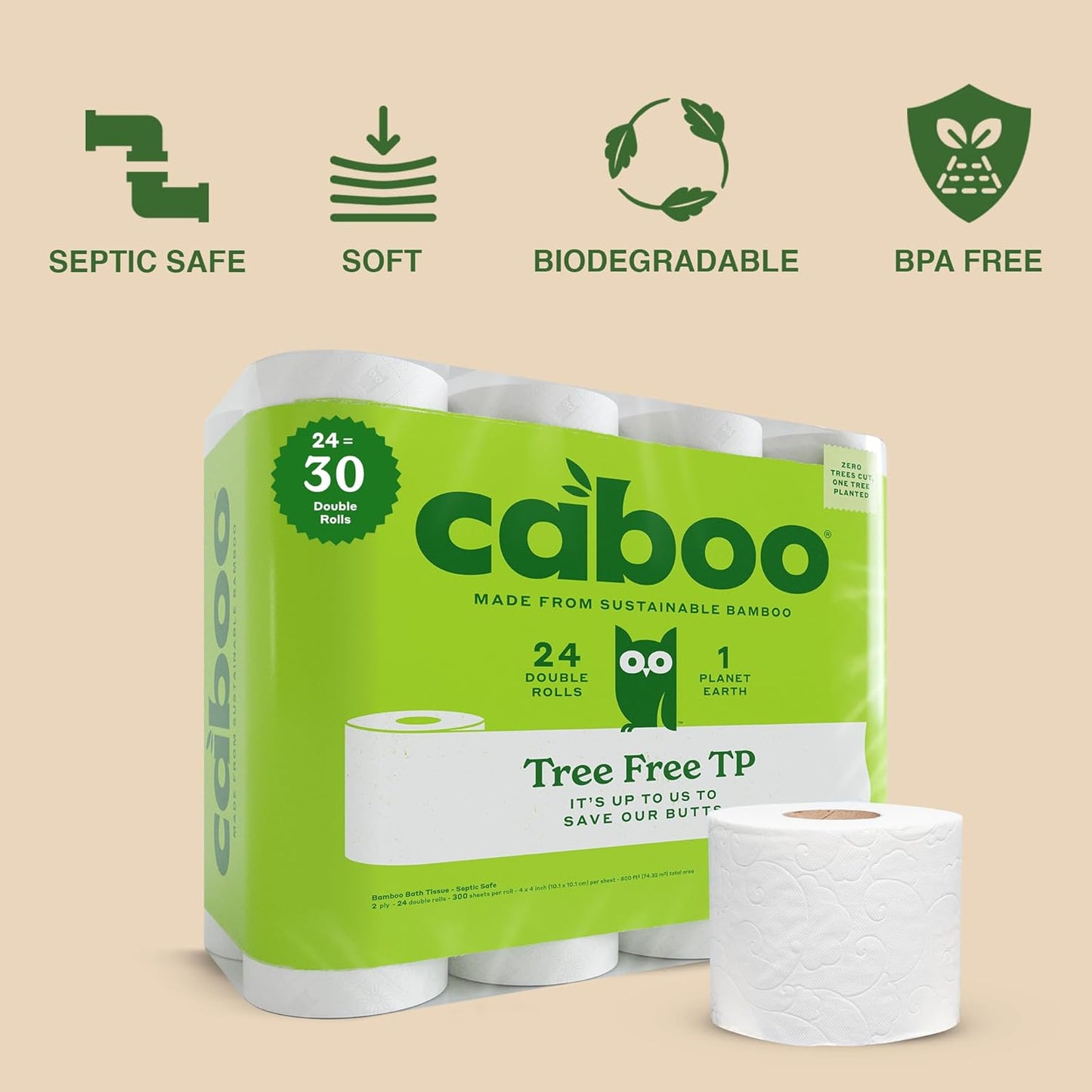 Caboo Tree Free Toilet Paper, Septic Safe Toilet Tissue, Non Toxic, Chemical Free, Non Toxic, 2 Ply Bathroom Toilet Paper | Pack of 24 Double Rolls, 300 Sheets Per Roll