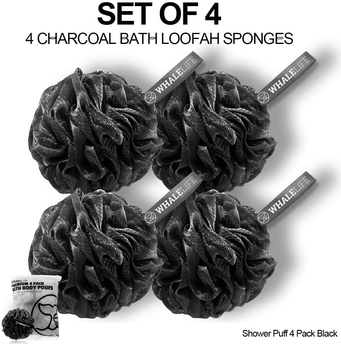 Shower Puff 4 Pack Black Bath Sponge Shower Loofahs Pouf Ball Nature Bamboo Charcoal Mesh Bulk Puffs Large, Shower Essential Skin Care by WhaleLife