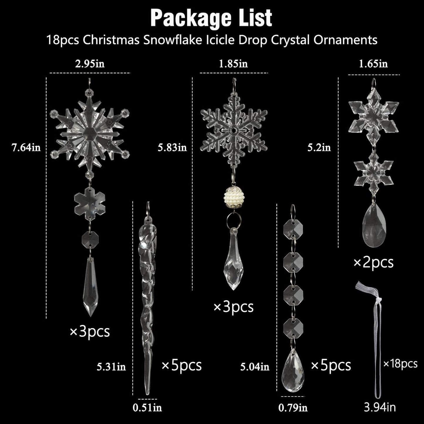 18PCS Crystal Christmas Ornaments – Clear Snowflake & Icicle Tree Decorations, Hanging Acrylic Ornaments for Xmas Tree, Winter Wedding, Holiday & New Year Party Décor