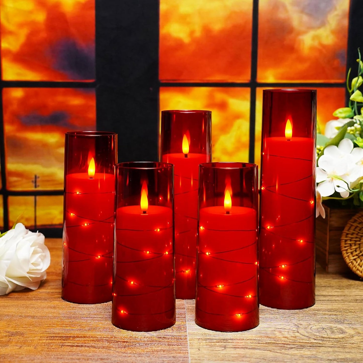 kakoya Flameless LED Candles with Timer 5 Pc Flickering Flameless Candles for Romantic Ambiance and Home Decoration Stable Acrylic Shell,with Embedded Star String,Battery Operated Candles(Red)