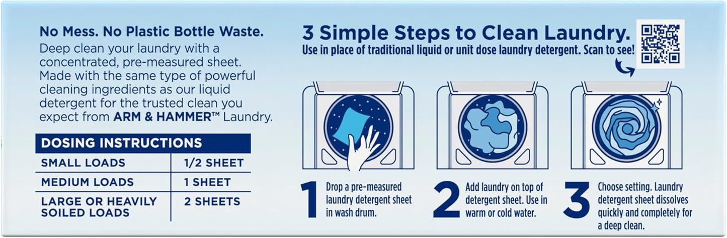 ARM & HAMMER Power Sheets Laundry Detergent, Fragrance Free, Dermatologist Tested Concentrated Laundry Detergent Sheets, 50 Count, up to 100 Small Loads