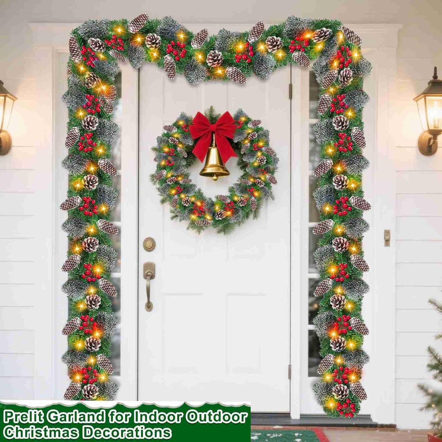 Auto Timer & 8 Modes 9Ft by 10 Inch 50 LED Prelit Christmas Garland Decorations Warm Lights Thick 270 Lifelike Snowy Tips 70 Red Berries 10 Pinecones Xmas Garland Fireplace Door Stairs Home Outdoor
