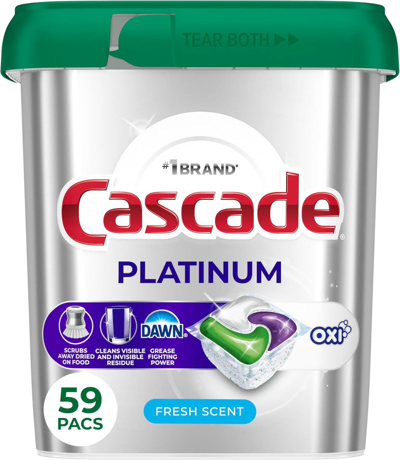 Cascade Platinum + Oxi Dishwasher Pods, Dishwasher Detergent, Dish Detergent Soap, Fresh, 59 Count