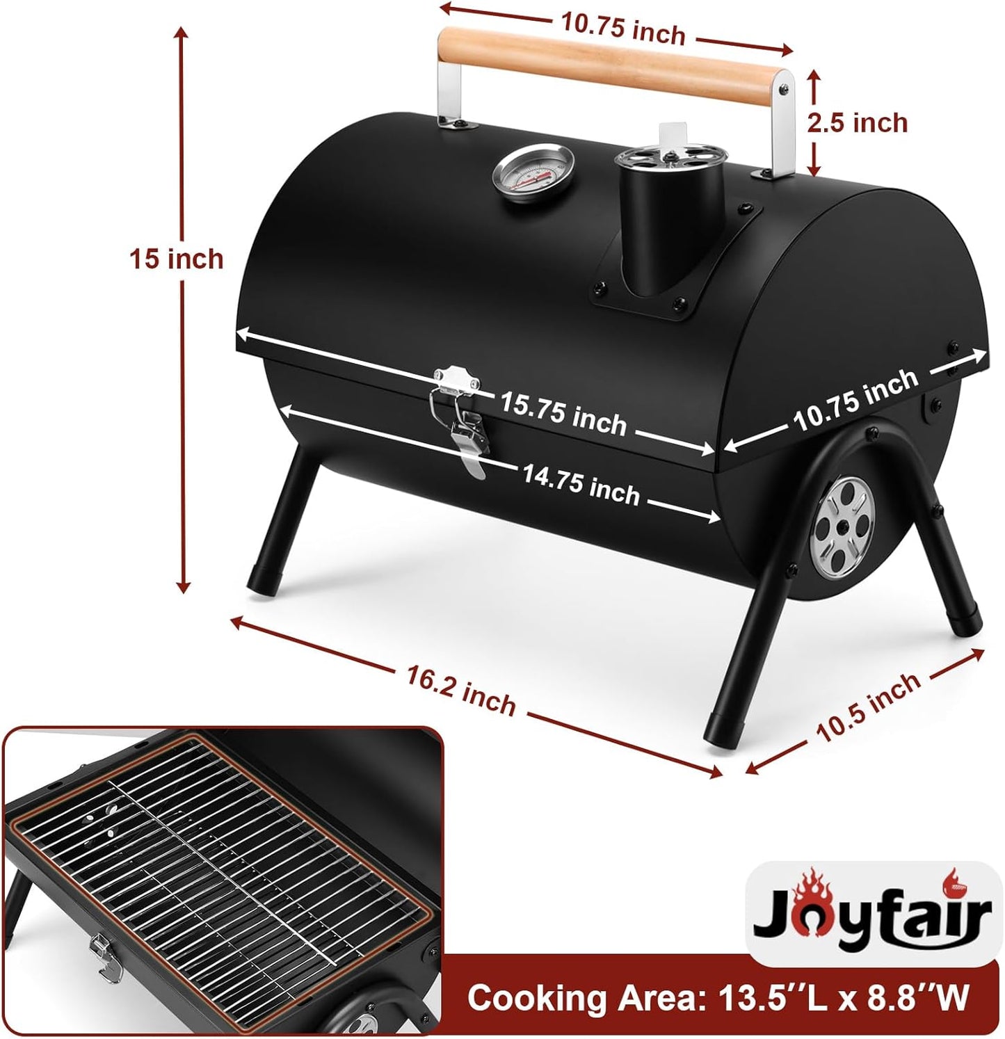 Joyfair Portable Charcoal Grill with Thermometer, Small Tabletop Barbecue Grill for Outdoor Camping Backyard Party BBQ Cooking, Extra Thick Steel & Heavy Duty, Innovative Design & Easy Assembly