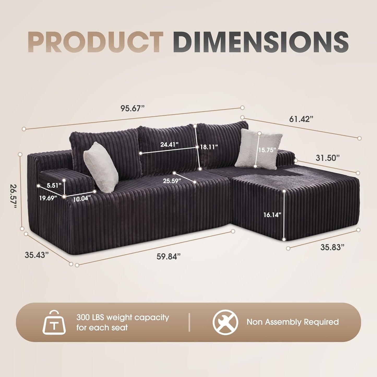 Modular Sectional Sofa Couches L-Shape Couch 3 Seat Modular Sofa Memory Foam Sectional Couches for Living Room, Cloud Couch with Oversized Chaise (Grey Stripe, 96" Right Facing Chaise) | modular