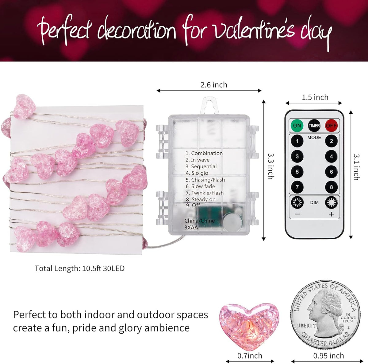 Valentineās Day Fairy String Lights - 10.5 ft 30 LED Pink Heart Battery Operated Fairy Lights with Timer and Remote, Twinkle Heart Lights for Wedding DIY Indoor Christmas Gift Valentine's Day