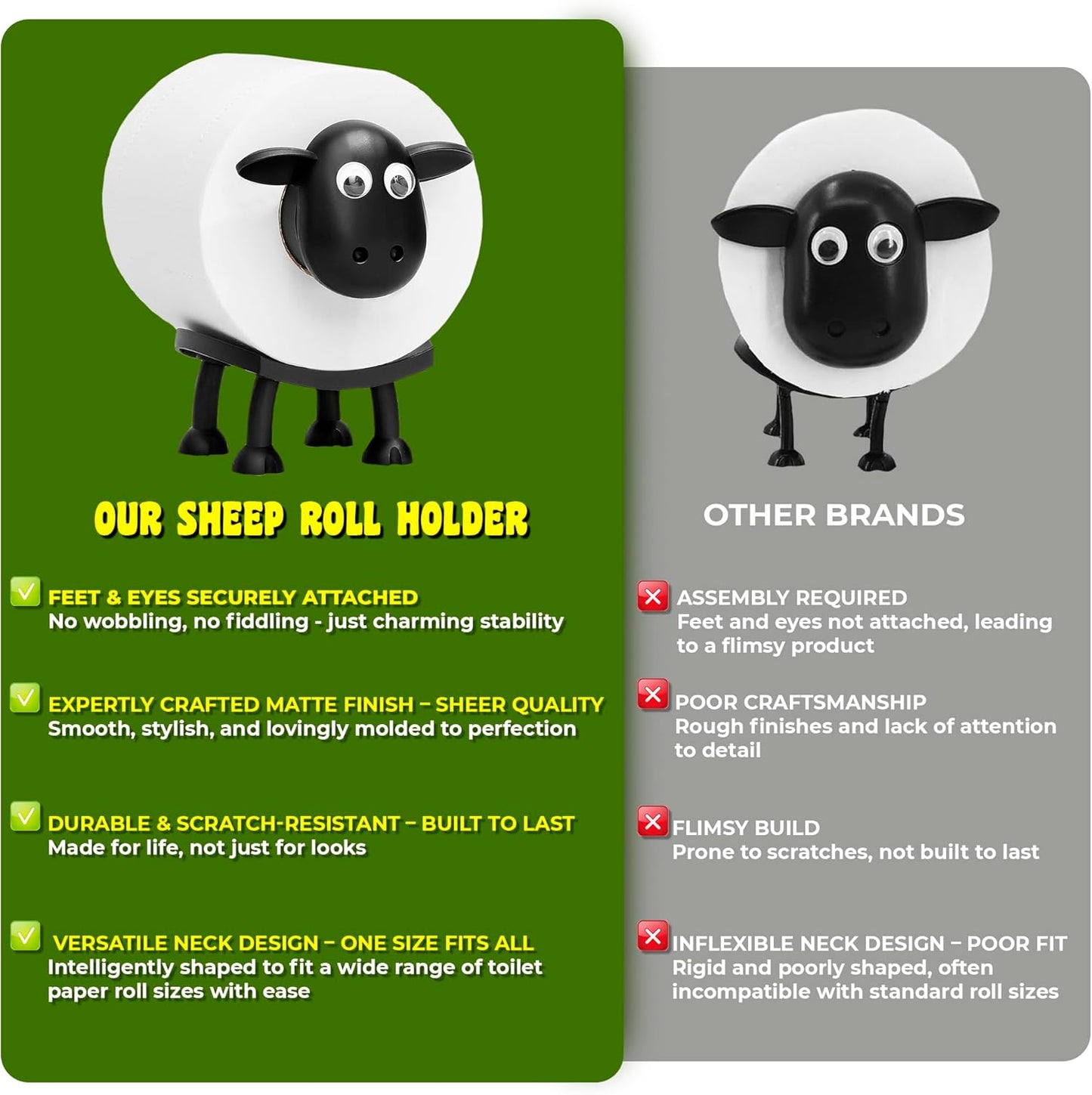 VELENTI Sheep Toilet Roll Holder - Funny Toilet Paper Holder Free Standing Bathroom Set - 3D Printed Black Sheep Loo Roll Holder - Hilarious Tissue Paper Roll Storage - Cute Bathroom Decor - Set of 3