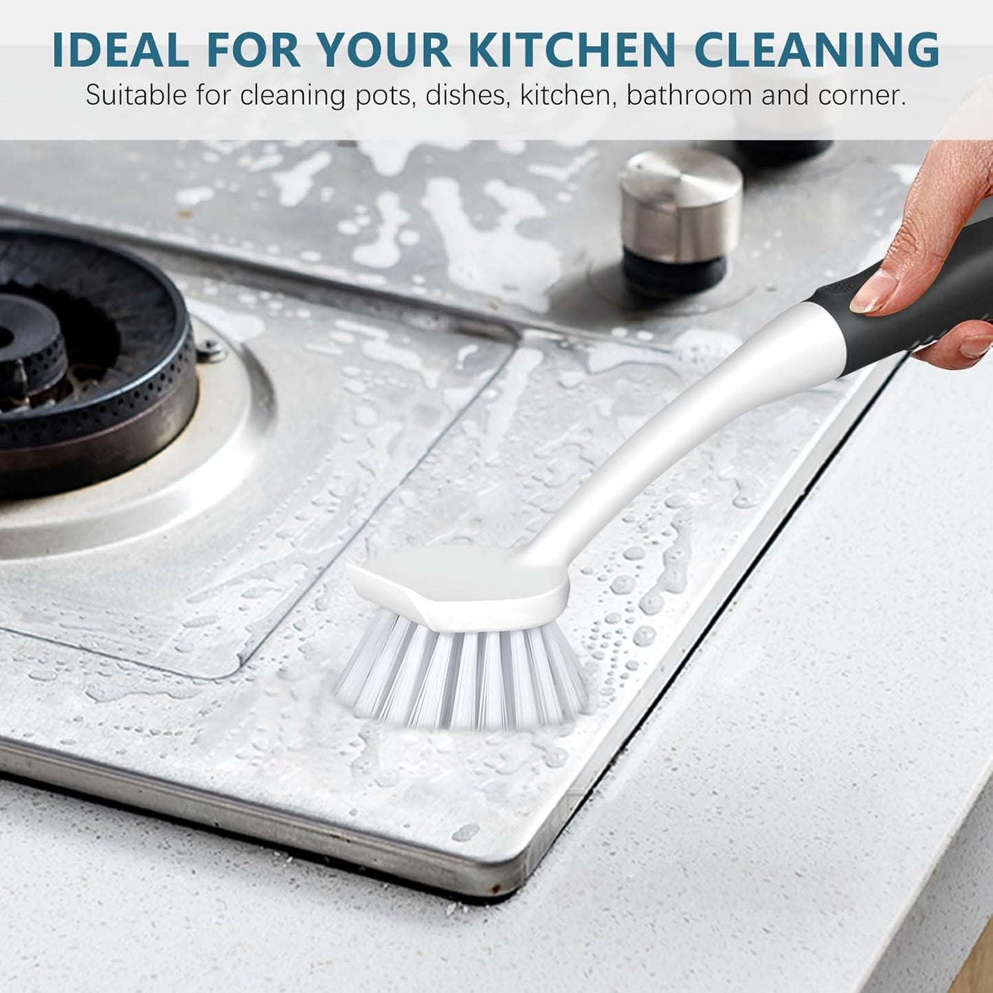 SetSail Dish Brush Set of 3 with Bottle Brush, Dish Scrub Brush with Long Handle Deep Cleaning Handle Brush with Scraper Tip for Kitchen Sink Dishes Bottle Cup Pot and Pans Tile Lines, Black