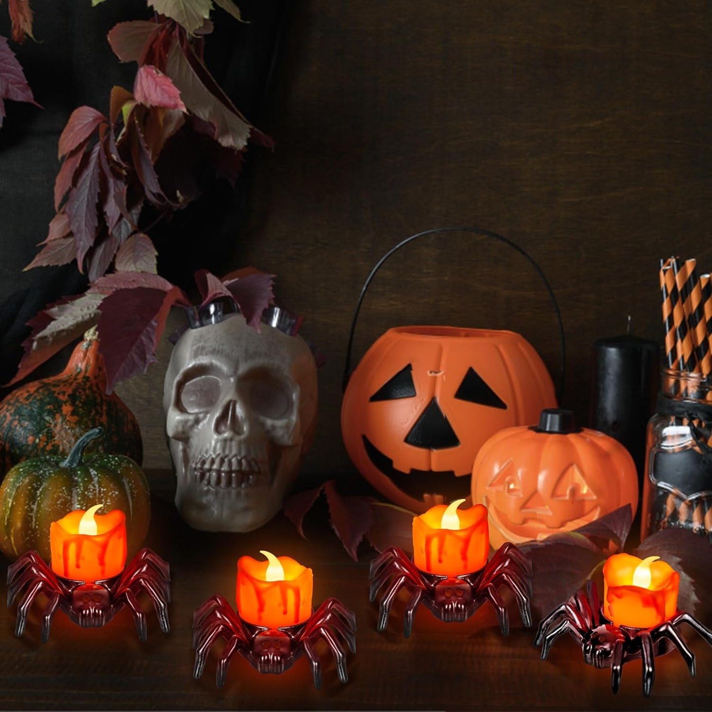 6 PCS Halloween Tea Lights Candles, Battery Operated Halloween's Flameless LED Candles, Spider Tealights Spooky Electric Flickering Fake Candle for Halloween Party Decorations