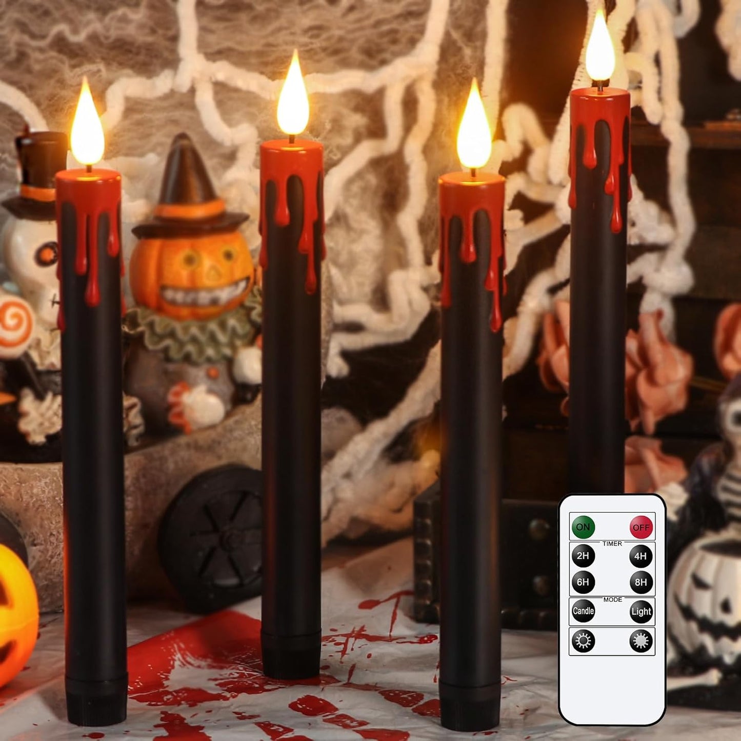 Halloween Black Flameless Taper Candles with Remote Timer, 4 Pcs Red Drip Wax LED Candlesticks with 3D Flickering Flame for Home Fall Indoor Halloween Decor(0.78 x 8.9 Inches)