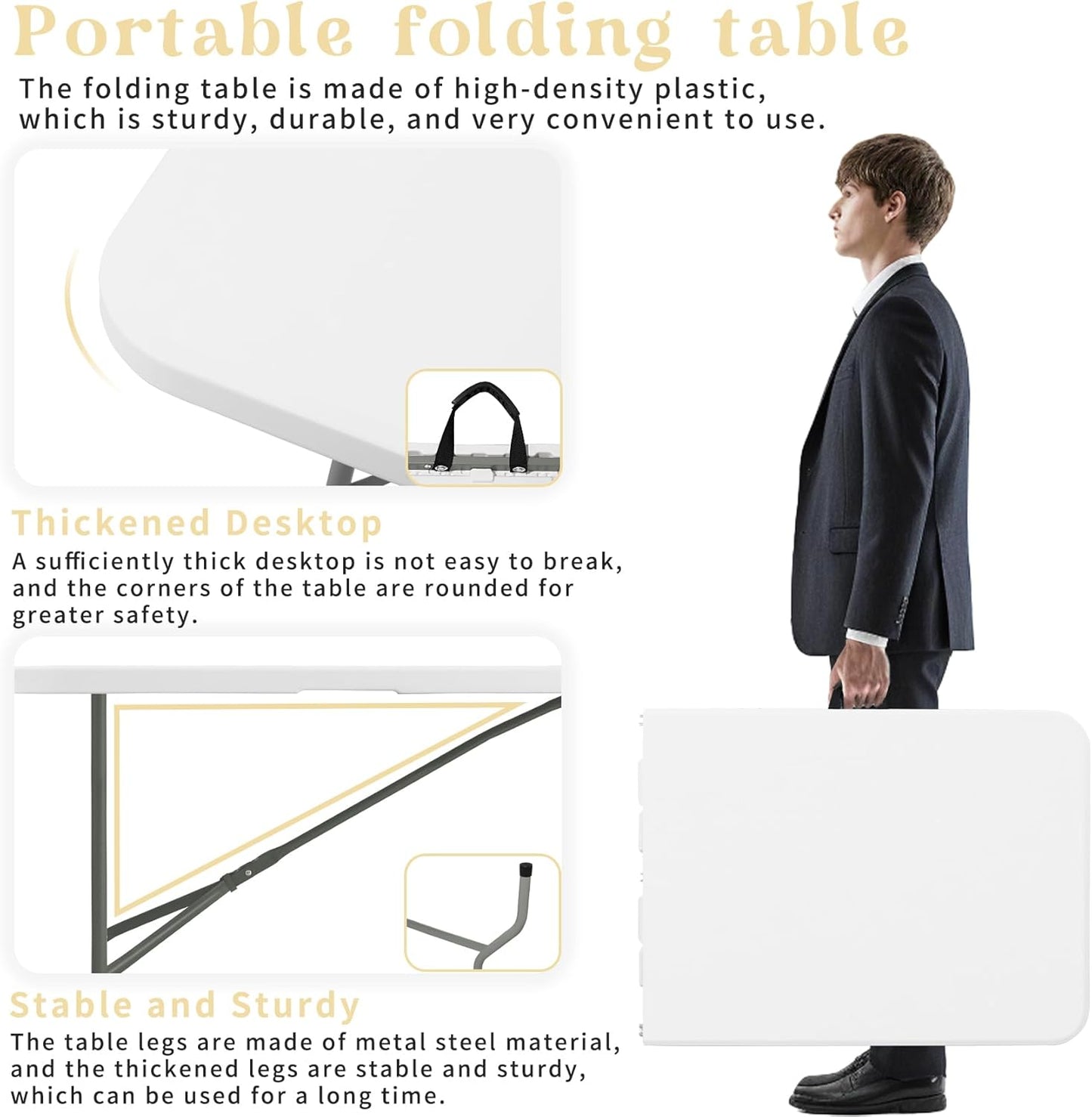 Set of 2 Folding Table 6 FT Lightweight Camping Table Portable Plastic Rectangular Outdoor Dining Table Steel Legs Fold-in-Half with Carrying Handle for Indoor,Picnic,Party,Wedding,Events(White)