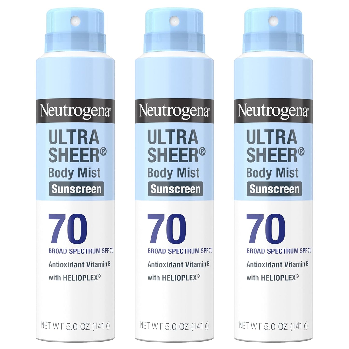 Neutrogena Ultra Sheer Body Mist Sunscreen Spray, Broad Spectrum SPF 70, Lightweight Spray Sunscreen, Non-Greasy & Water Resistant, Oil-Free & Non-Comedogenic UVA/UVB, 5 oz, Pack of 3