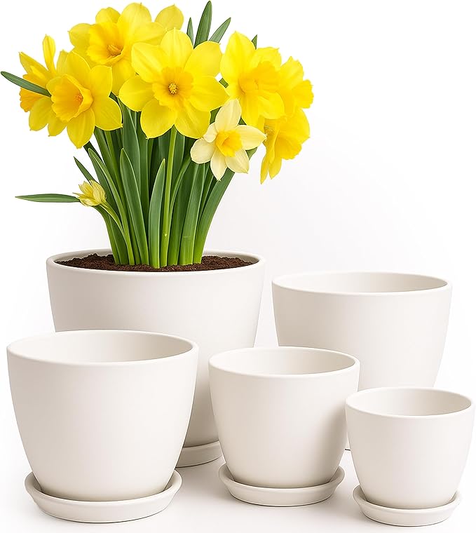 Utopia Home - Plant Pots Indoor with Drainage - 7/6.6/6/5.3/4.8 Inches Garden Flower Pots for Indoor Planter - 5 Pack White Plastic Planters - Ideal for Stocking Stuffers or Room, Office Home Decor