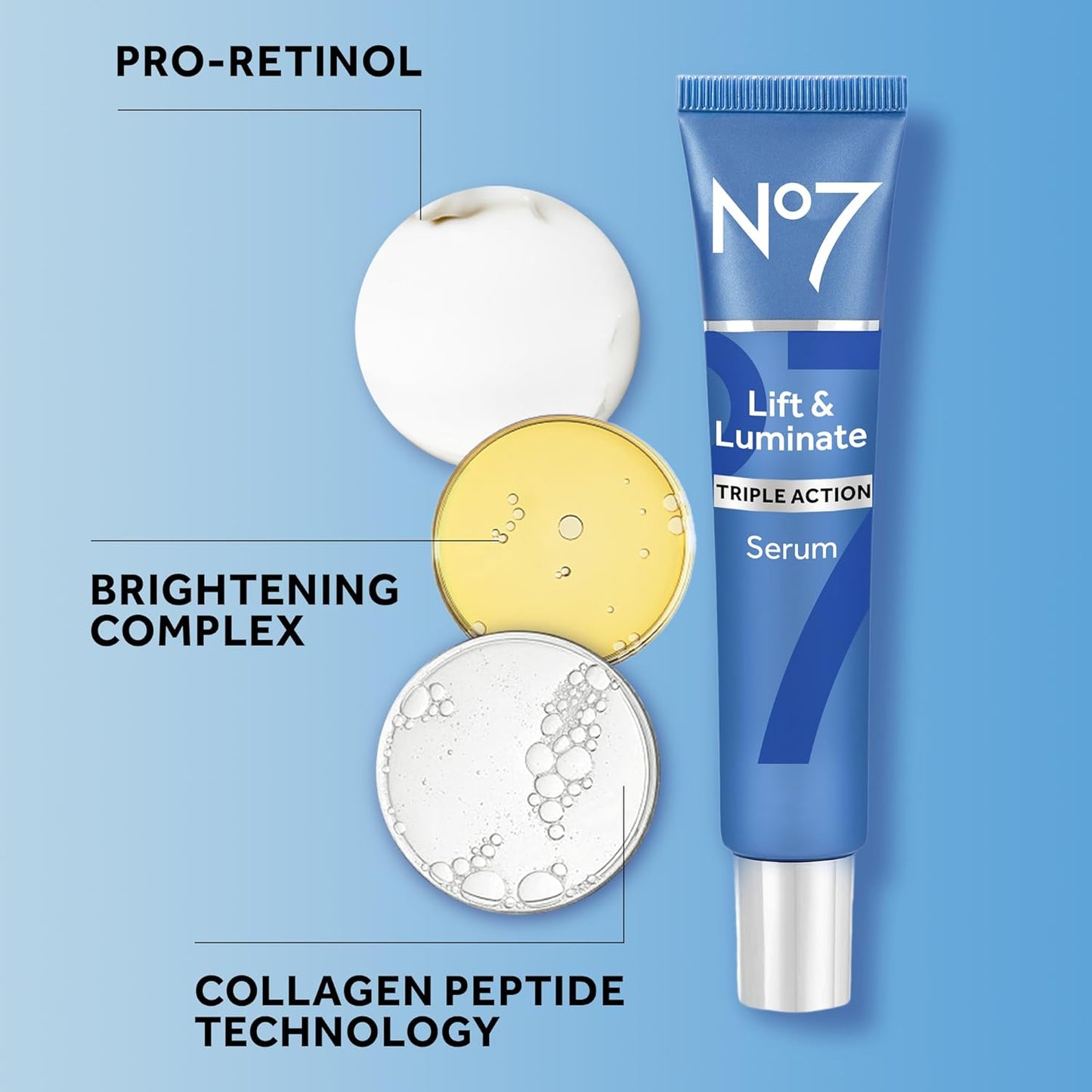 No7 Lift & Luminate Triple Action Face Serum - Collagen Peptide Anti-Wrinkle + Brightening Emblica & Vitamin C Serum + Pro Retinol Skin Firming Hyaluronic Acid & Hibiscus (50ml)