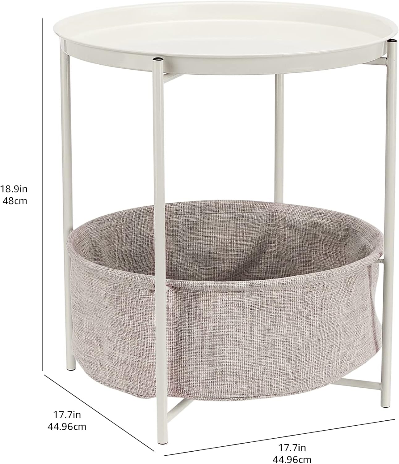 Storage End Table, Side Table with Cloth Basket, White/Heather Gray, 17.7"L x 17.7"W x 18.9"H