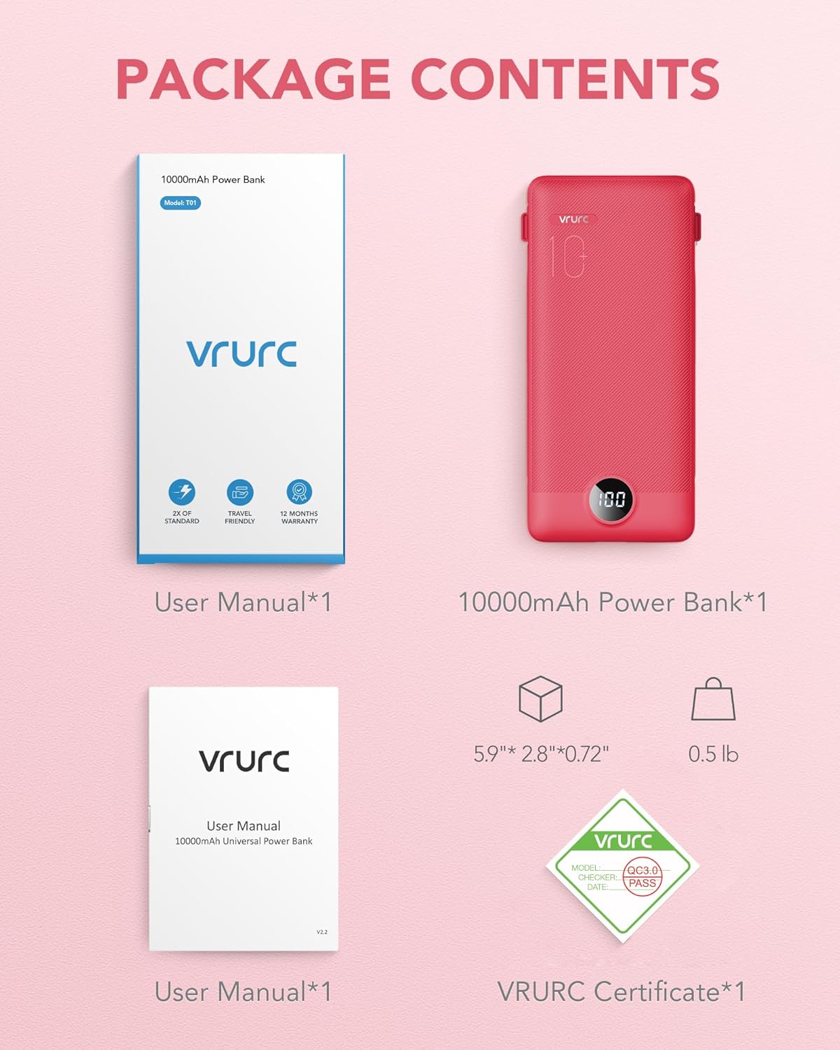 Portable Charger Built-in Cables and AC Wall Plug, VRURC USB C Power Bank 10000mAh, Travel Battery Portable Phone Charger Compact Lightweight External Battery Pack for SmartPhones,Tablets-Viva Magenta