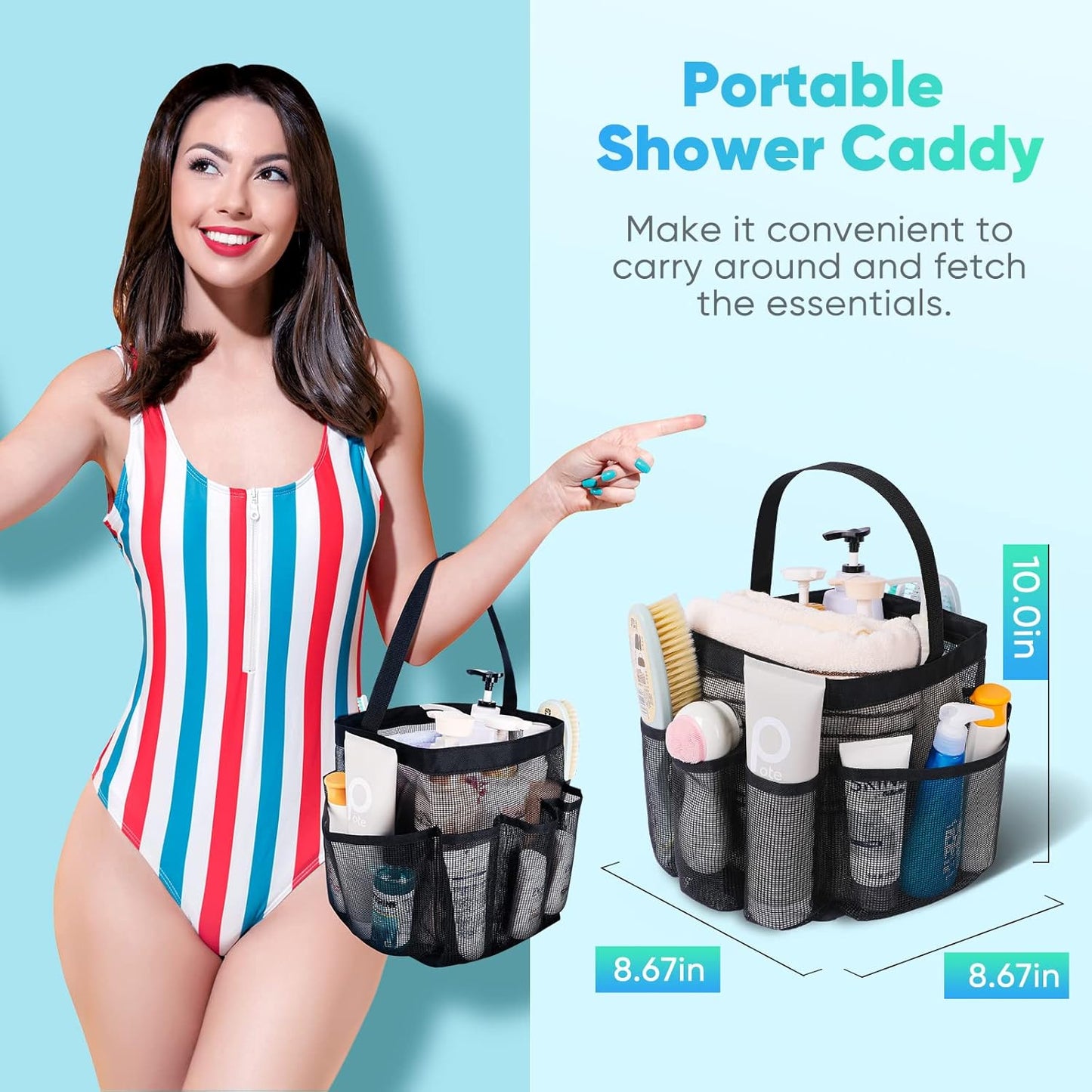 Mesh Shower Caddy Portable for College Dorm Room Essentials, 8-Pocket Large Capacity Shower Bag for Beach, Swimming, Gym