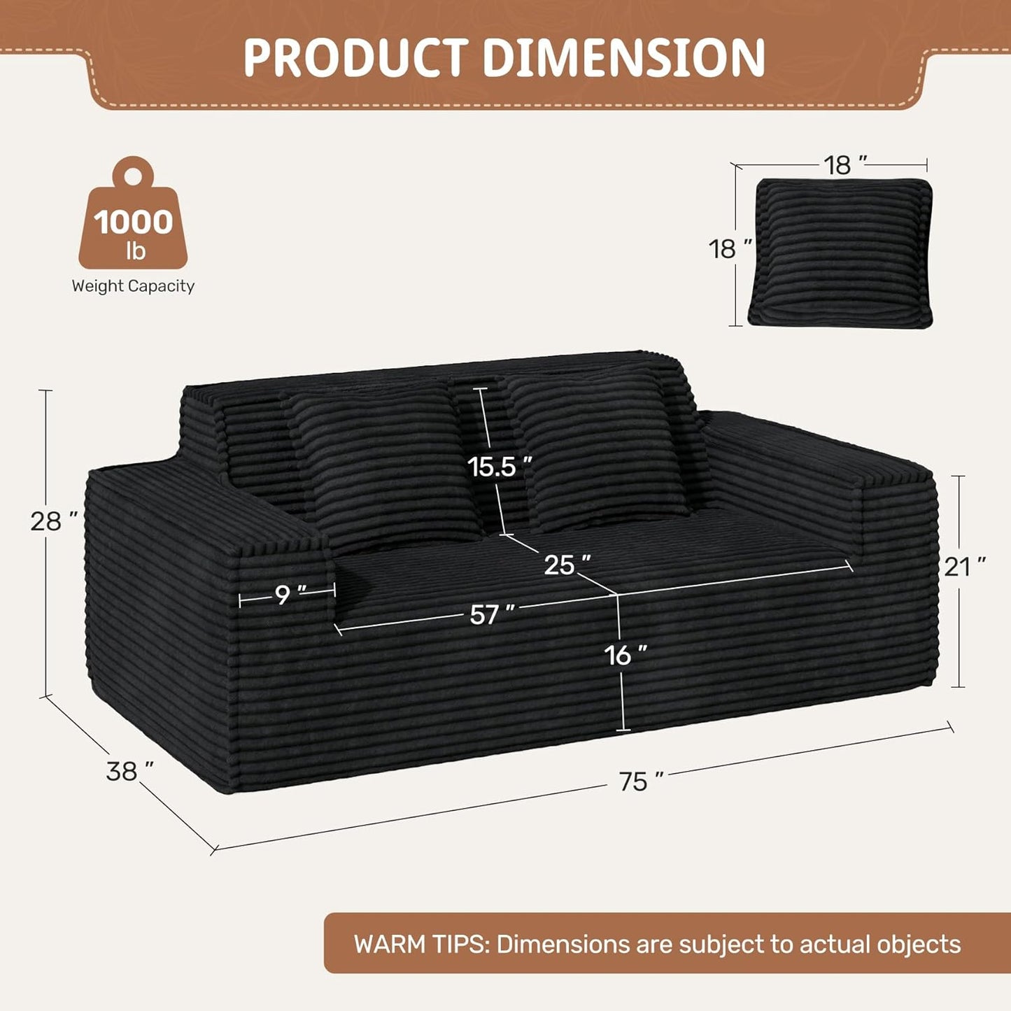 75'' Cloud Loveseat Sofa, No Assembly Required Comfy Deep Seat Couches 1 pcs for Living Room, Bedroom, Apartment