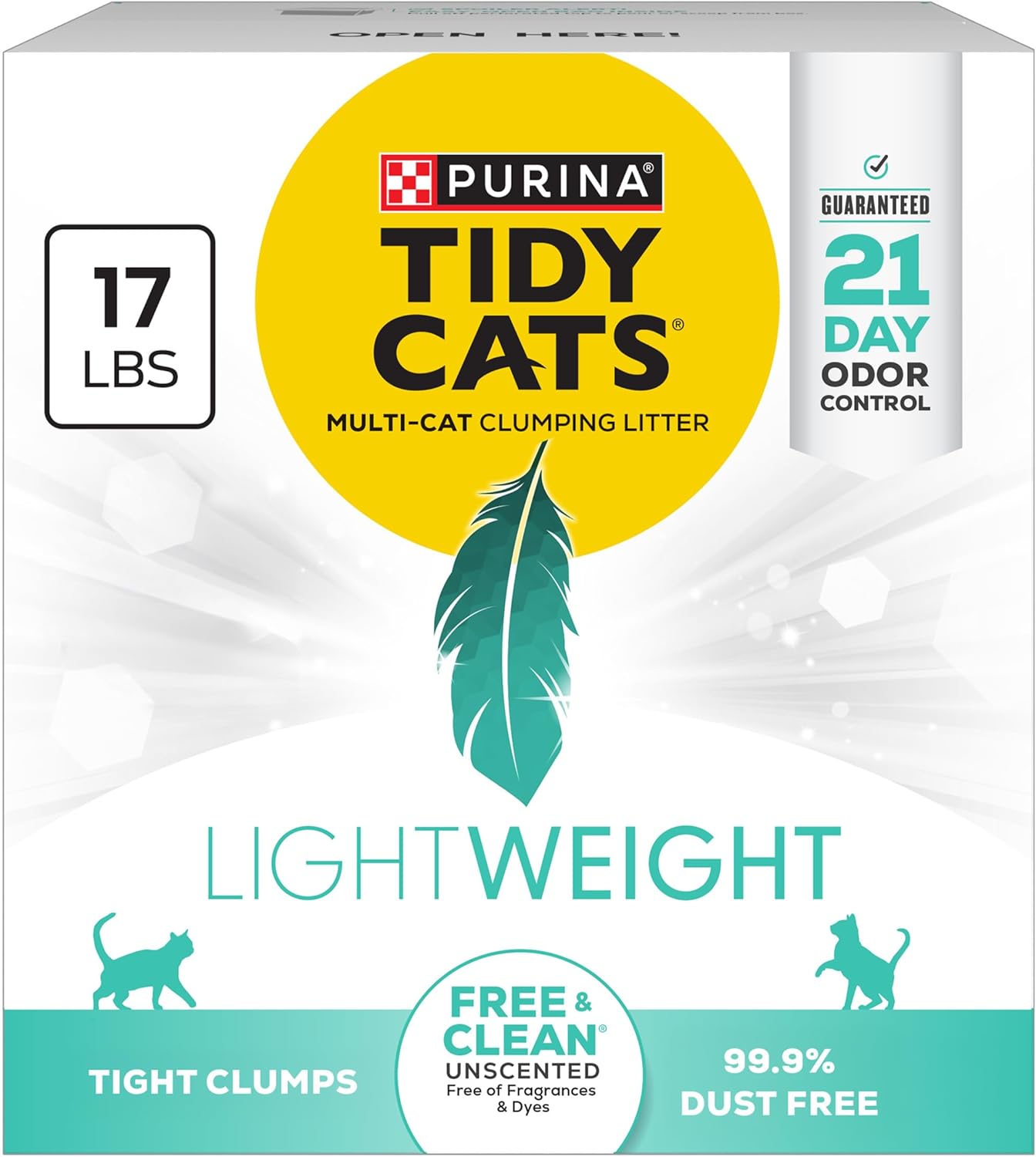 Purina Tidy Cats LightWeight Free and Clean Unscented, Multi-Cat, Clumping, 99.9 Percent Dust Free Cat Litter - 17 lb. Box