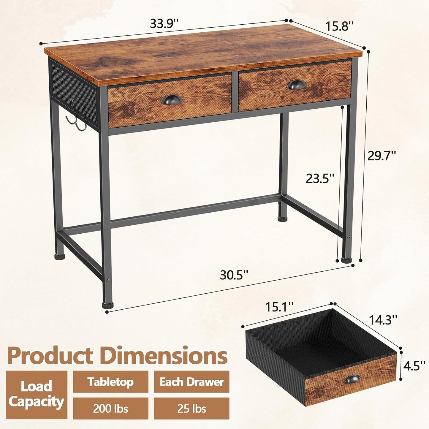 Furologee Small Computer Desk with 2 Fabric Drawers for Bedroom,34 Inch Home Office Writing Desk, Vanity Desk with Hooks, Simple Study Desk for Small Spaces, Makeup Dressing Table, Rustic Brown