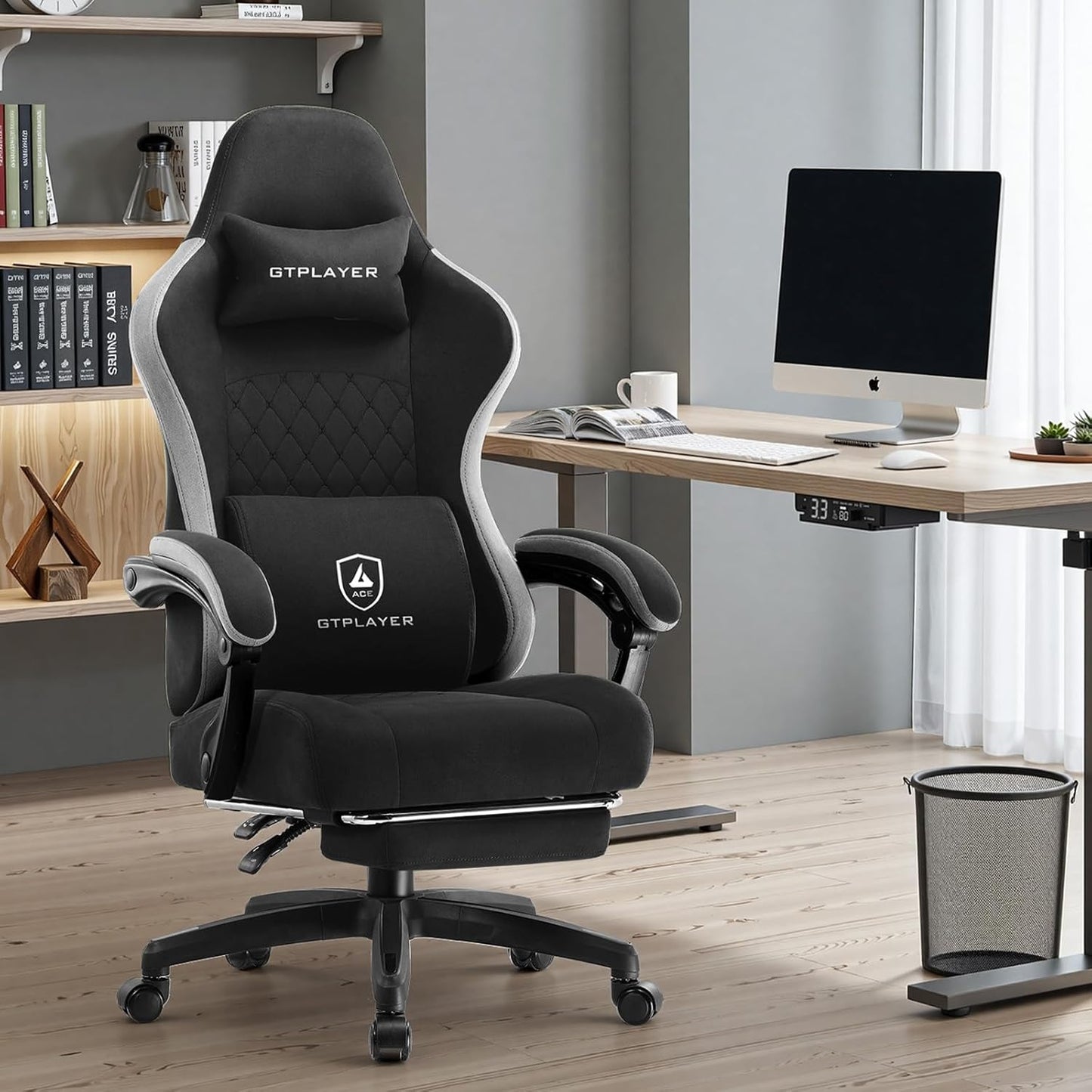 GTPLAYER Office Chair, Gaming Computer Desk Fabric Chair with Footrest, High Back Ergonomic Office Chair with Pocket Spring Lumbar Support and Linkage Armrests Adjustable Height Swivel for Home Task