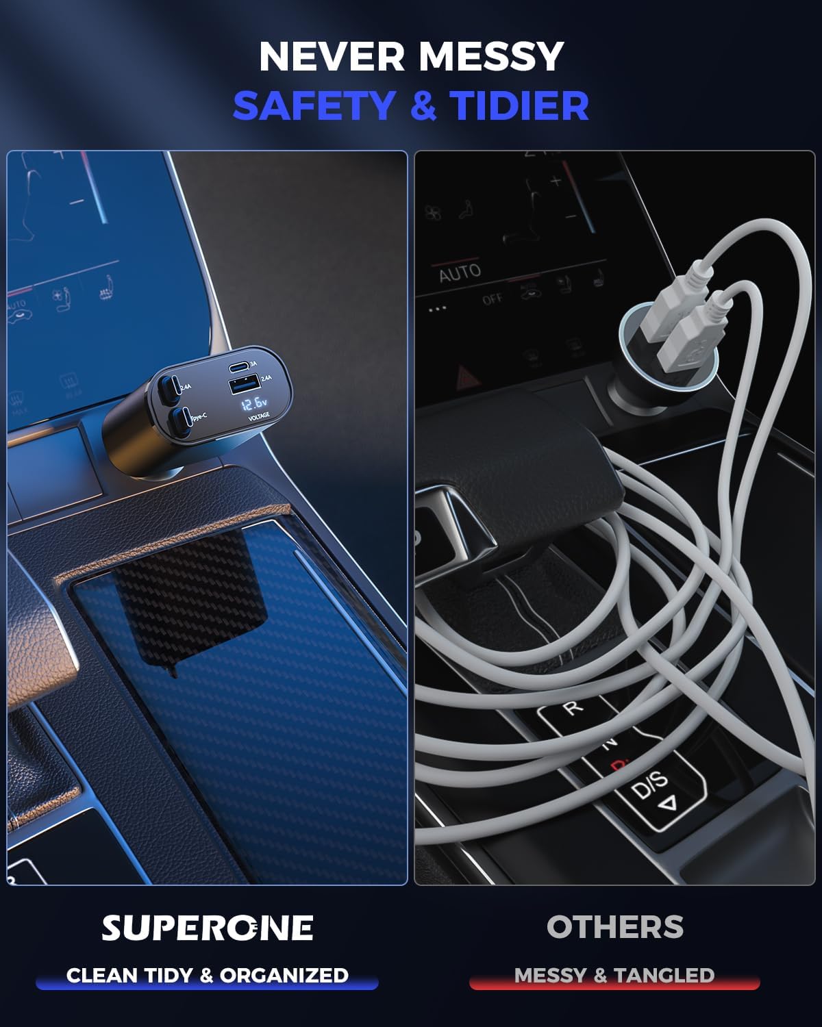 SUPERONE Retractable Car Charger for iPhone with Dual Type C Cables, 4 in 1 USB C Car Charger Adapter with PD 60W Fast Charging Compatible with iPhone 17 16 15 14 13 12 11 Pro/XS/XR/SE/iPad/Airpods