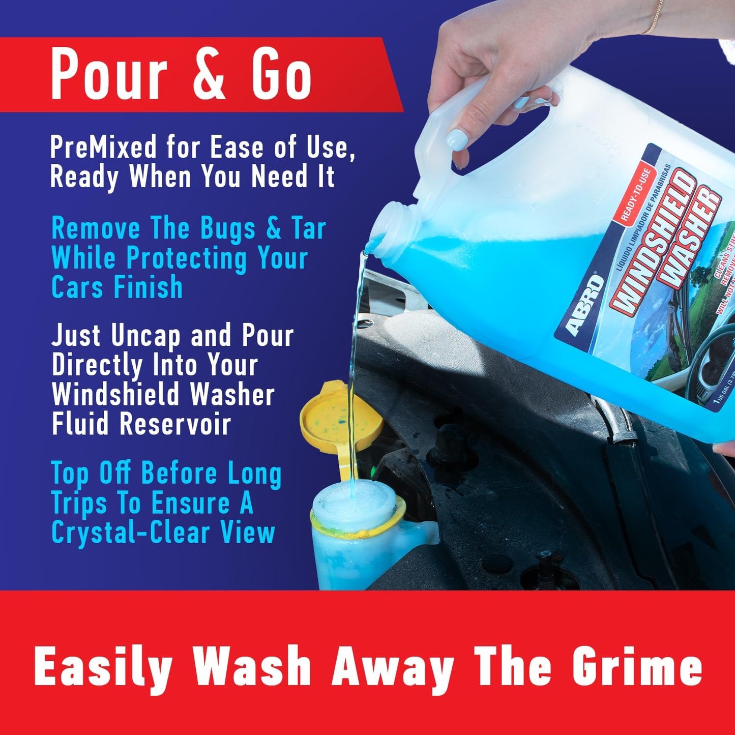 ABRO Windshield Washer Fluid Ready to Use Formula - 1 Gallon, Pre-Mixed, Streak-Free Cleanliness, 2-In-1 Removes Bugs & Tar