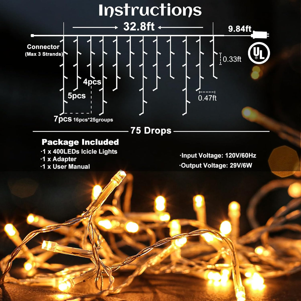 Icicle lights Outdoor - 33ft Christmas Lights with 400LED 75 Drops 8 Modes, Plug in Curtain String Lights Waterproof for Holiday Wedding Party Home Garden Bedroom Indoor Decoration, Warm White