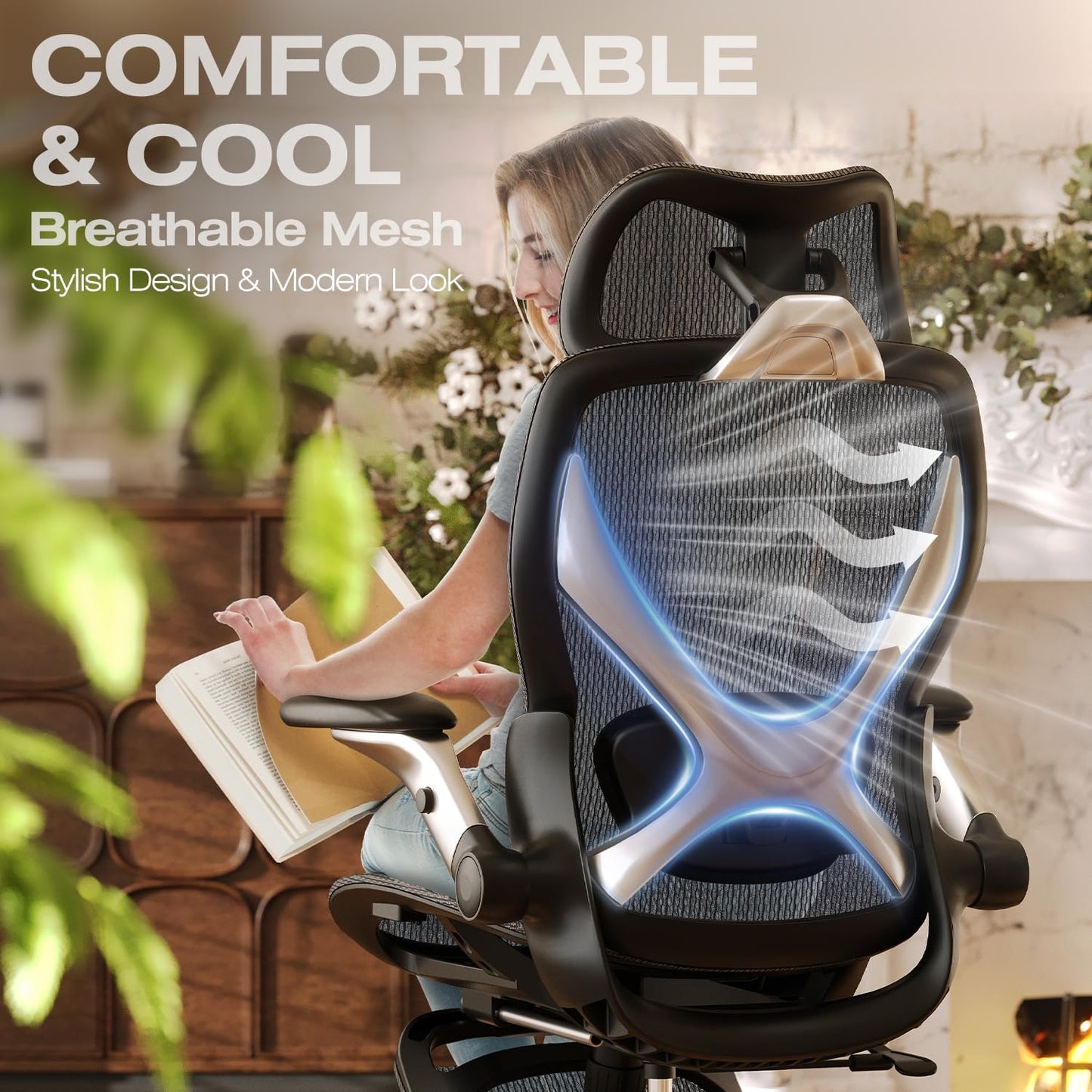 ELABEST X100 Ergonomic Office Chair with Footrest, Big and Tall Home Desk Chair with 5D Flip-Up Arms, Adjustable 3D Lumbar Support,High Back Rolling Computer Chair, Swivel Mesh Chairs (Midnight Mist)