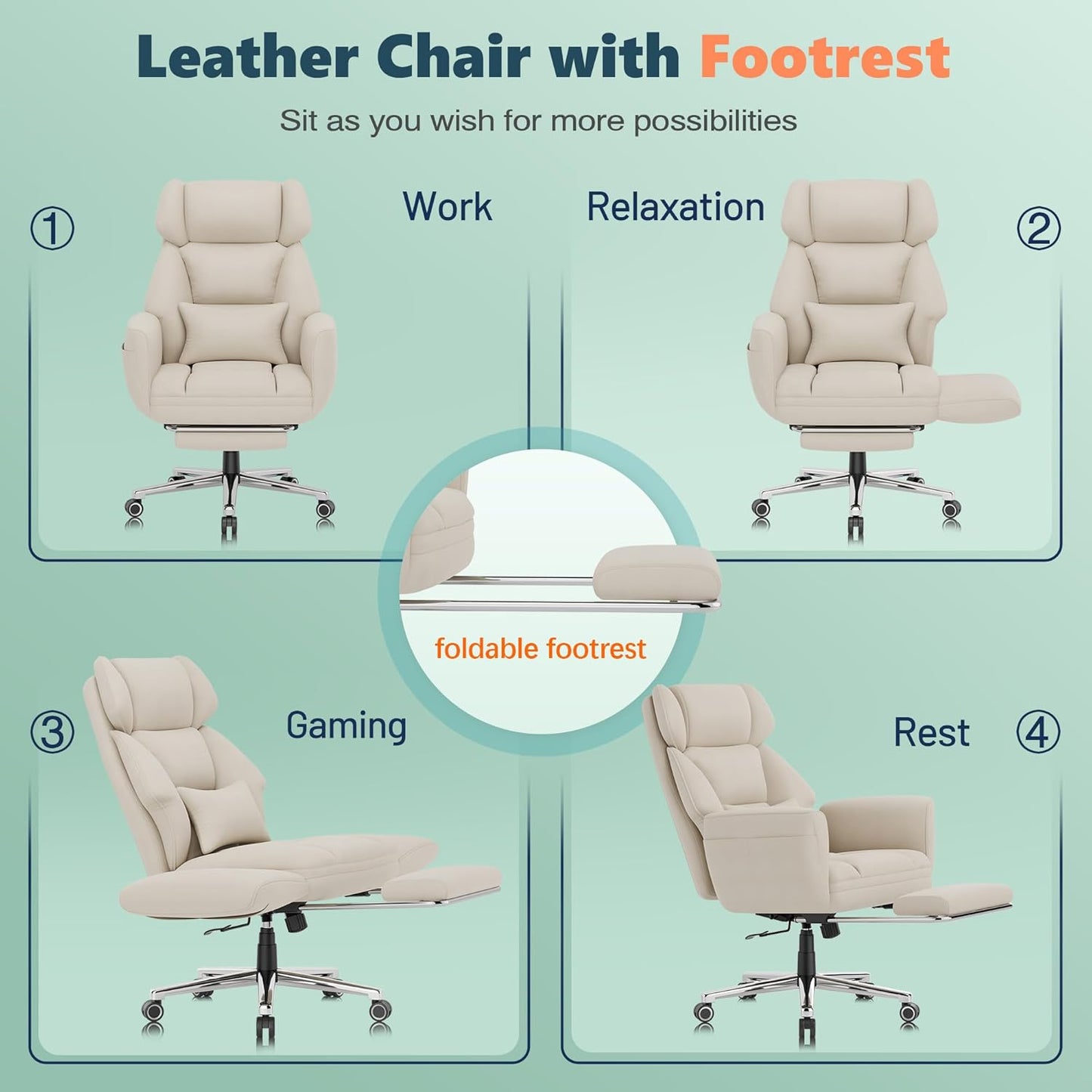 GABRYLLY Office Criss Cross Chair with Footrest, Big and Tall Executive Chair with Wide Seat,Reversible Armrest,Wheels, Lumbar Pillow and 120°Tilt,Computer Desk Chair for Gaming,Meditation,Ivory