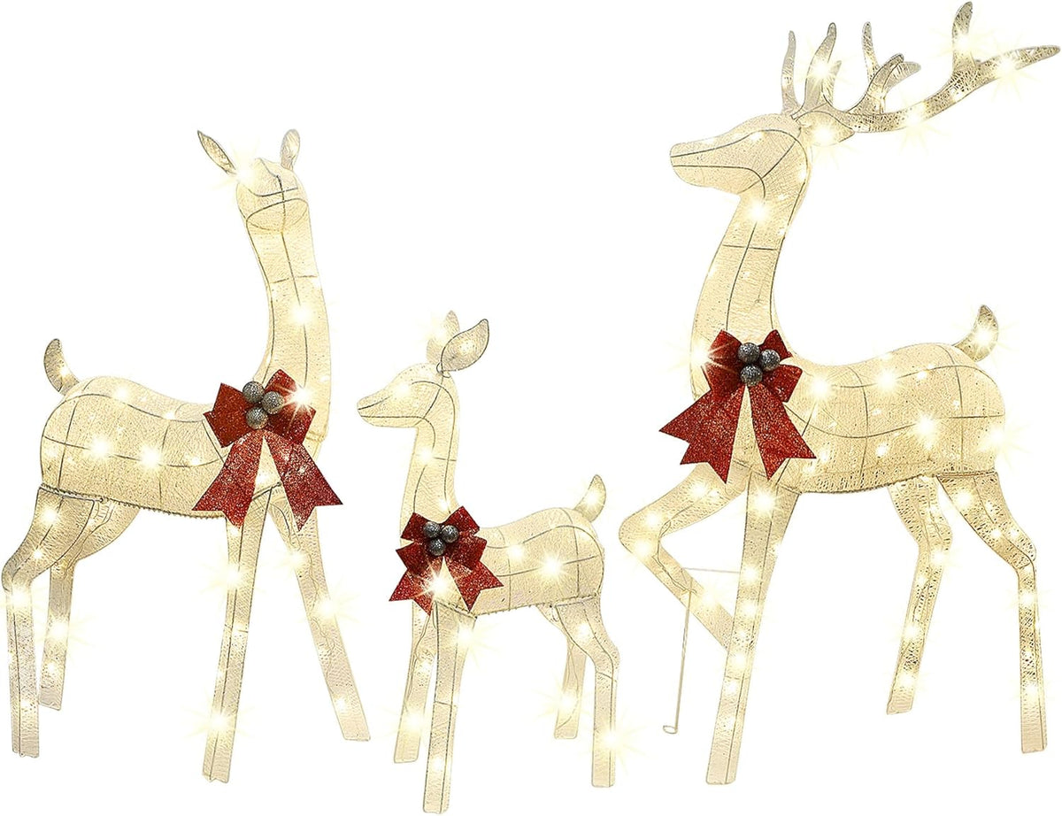 Lulu Home Set of 3 Pre-lit White Reindeer with 210 LEDs Warm White Lights, 3D Light Up Glittered Standing Reindeer Family for Xmas Lighted Holiday Display Indoor Outdoor