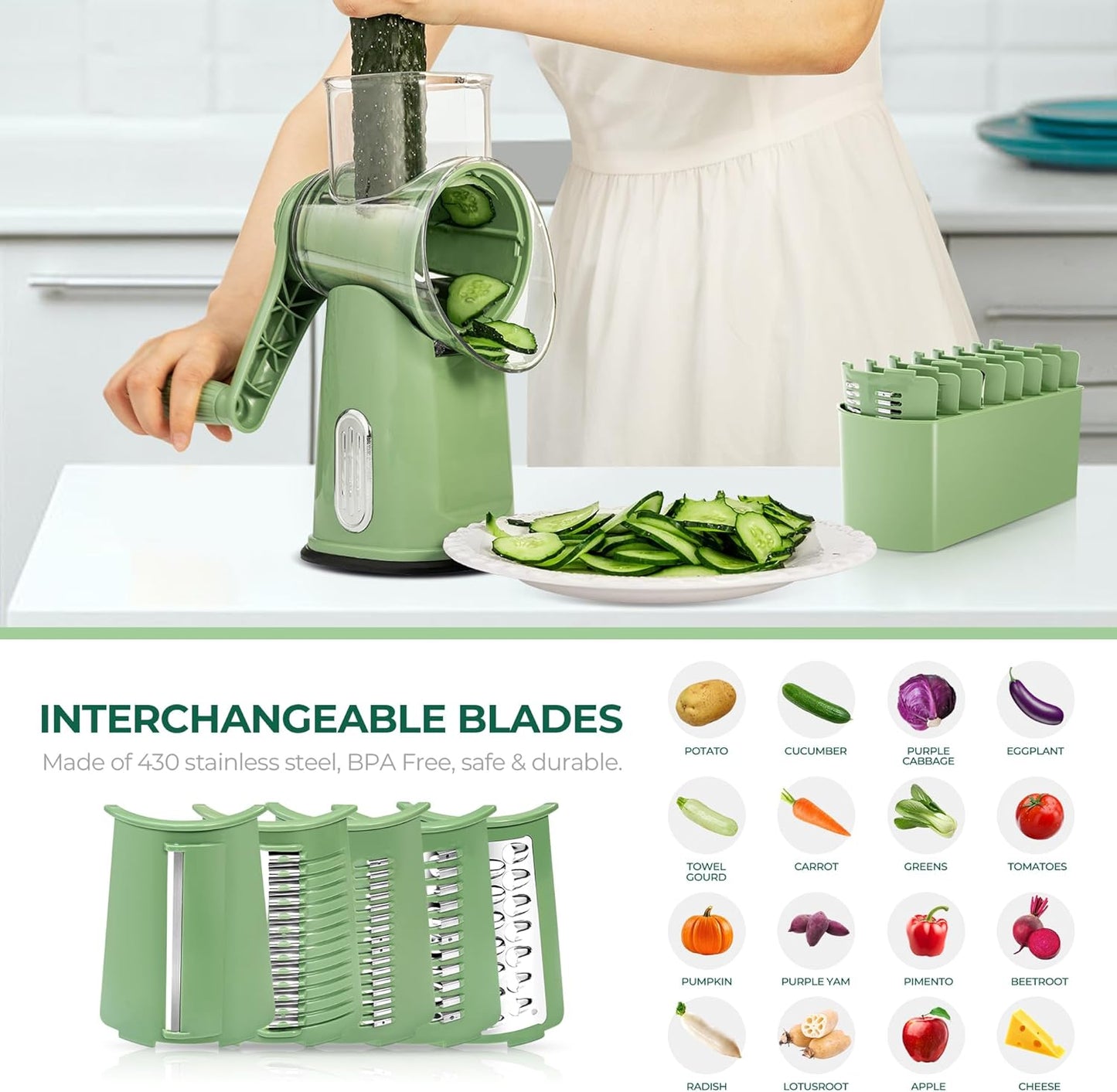 SUSTEAS Rotary Cheese Grater with Handle - Vegetable Shredder with 5 Well-designed Blades & Strong Suction Base,Round Mandoline Slicer & Food Chopper for Kitchen,with Blade Storage Box(Retro Green)