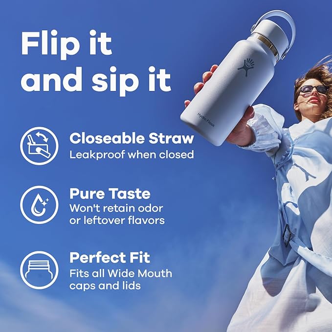 Hydro Flask 32 Oz Wide Flex Straw Cap Bottle - Insulated Stainless Steel - Wide Straw Lid, Non Spill, Leakproof in Black