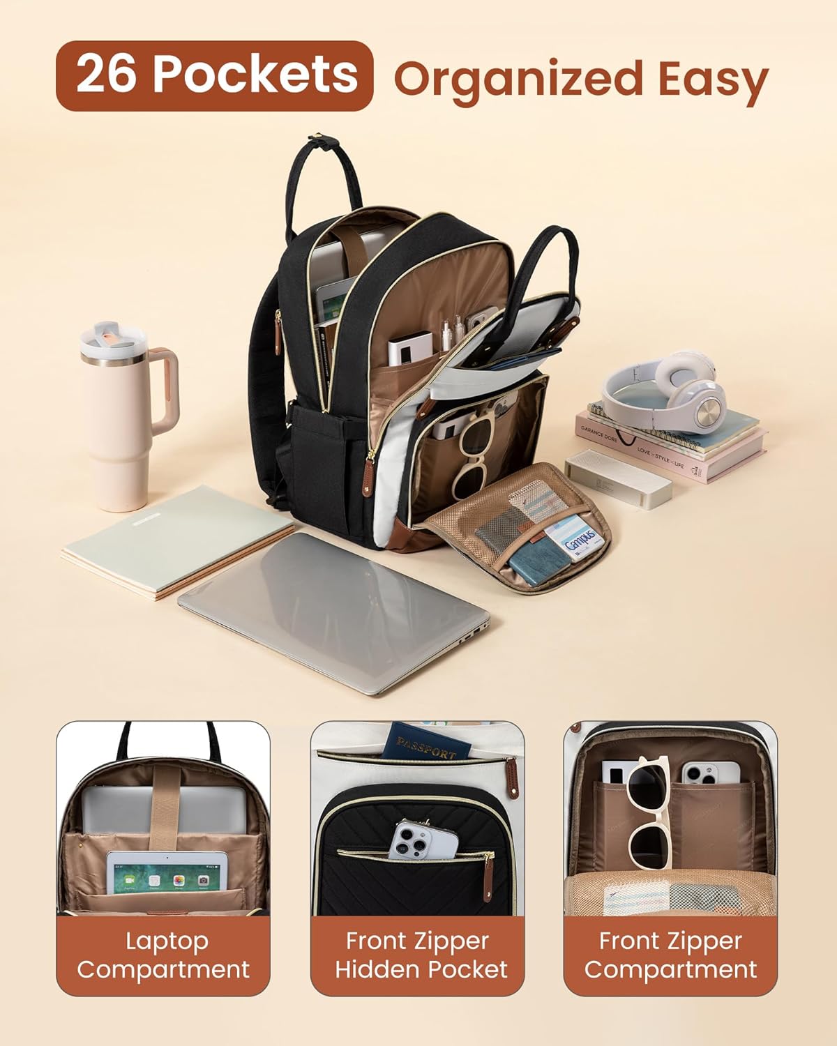 LOVEVOOK Backpack for Women, Fits 15.6 Inch Laptop Bag, School Backpacks, Fashion Travel Work Anti-theft Bag, Business Computer Waterproof College Backpack Purse, Beige-Black-Brown