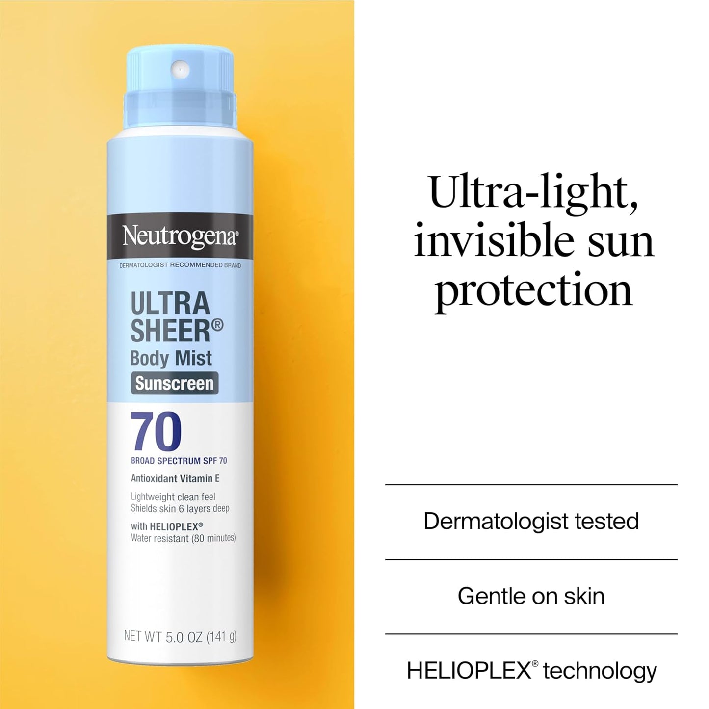 Neutrogena Ultra Sheer Body Mist Sunscreen Spray, Broad Spectrum SPF 70, Lightweight Spray Sunscreen, Non-Greasy & Water Resistant, Oil-Free & Non-Comedogenic UVA/UVB, 5 oz, Pack of 3