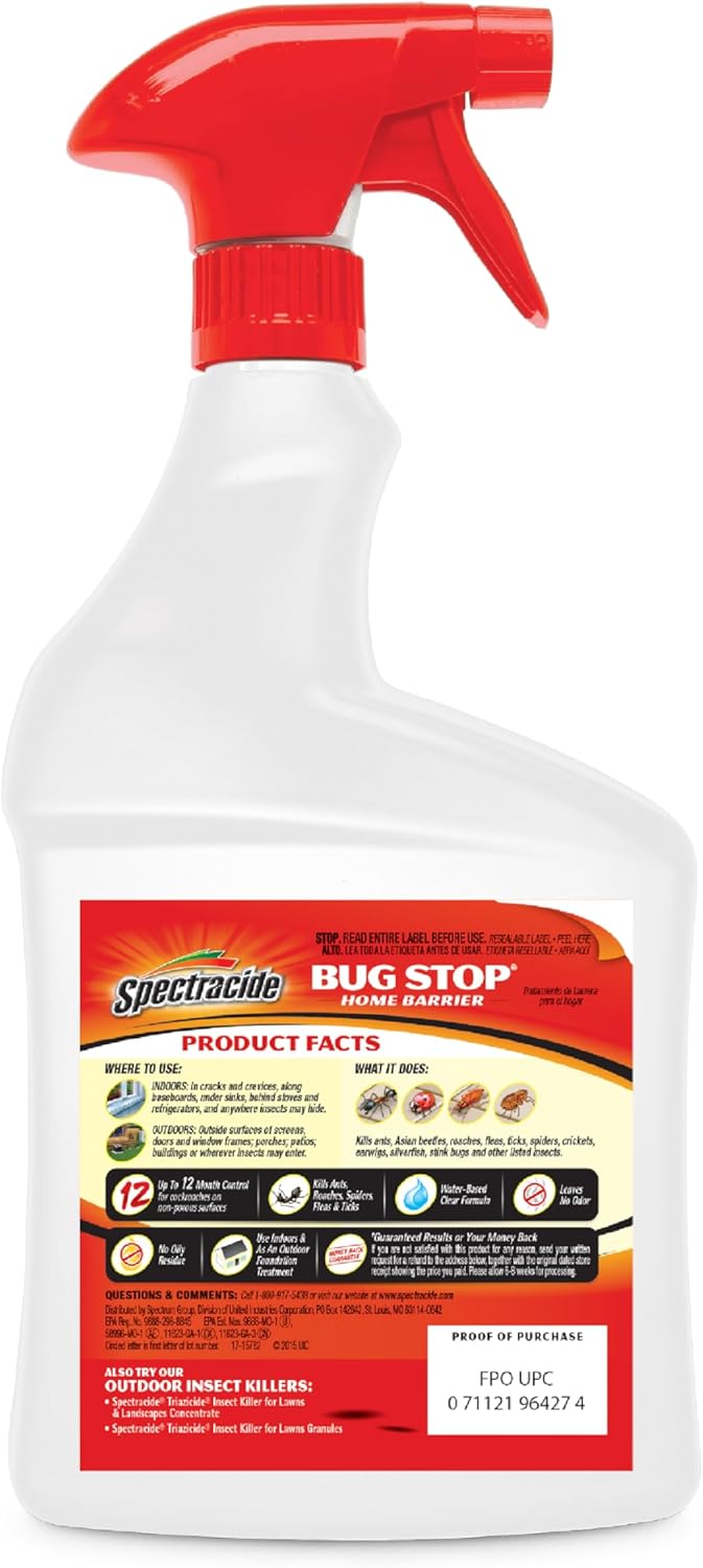 Spectracide Bug Stop Home Barrier, Kills Ants, Roaches and Spiders On Contact, Indoor and Outdoor Insect Control, 32 fl Ounce Ready-To-Use Spray