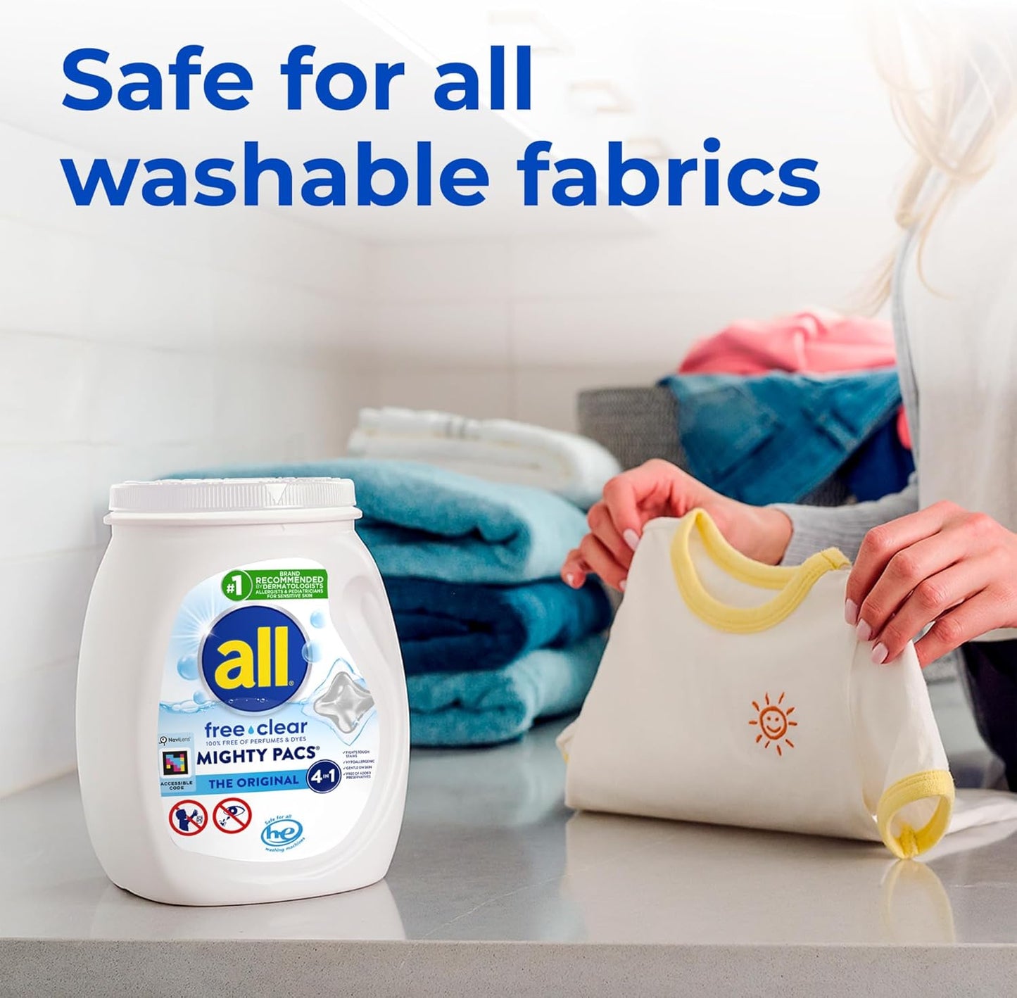 All Mighty Pacs Laundry Detergent, Free Clear for Sensitive Skin, Tub, 60 Count