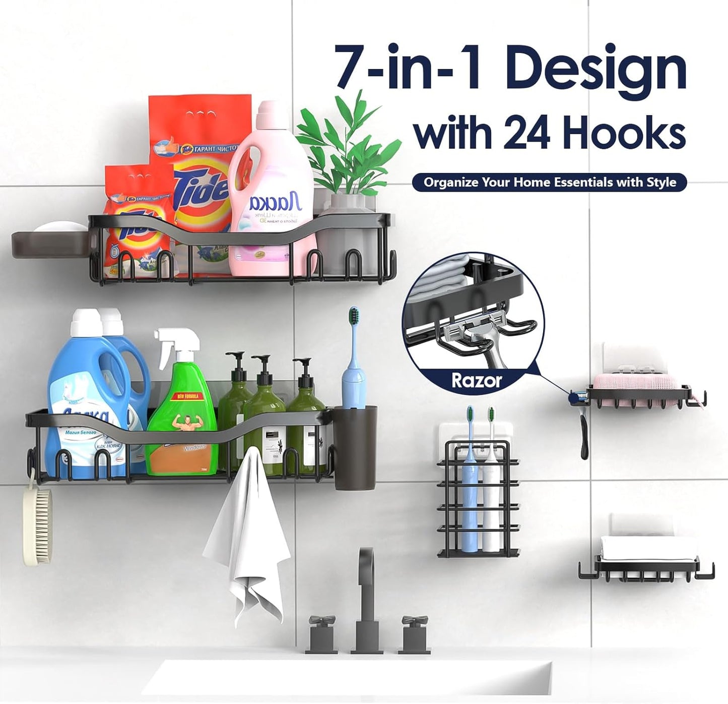 Shower Caddy Adhesive Shower Organizer 7-Pack, Rustproof Stainless Steel Bathroom Shelves, Large Capacity No-Drill Rack Storage Accessories with Soap Dish Toothbrush Holder &24 Hooks Home Decor