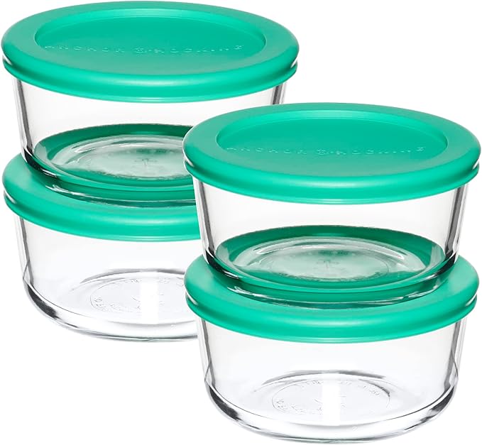 Anchor Hocking 2 Cup Glass Storage Containers with Lids, Set of 4 Glass Food Storage Containers with Mint SnugFit Lids
