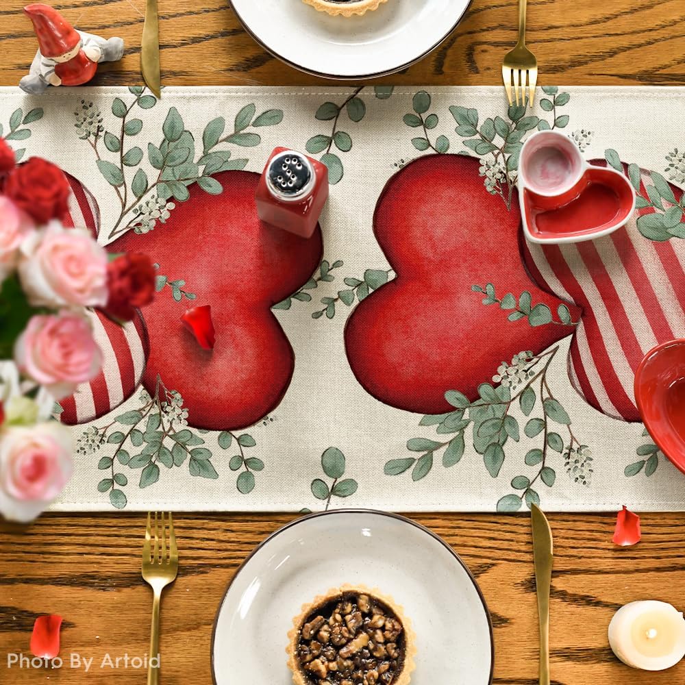 Artoid Mode Eucalyptus Hearts Valentine's Day Table Runner, Holiday Kitchen Dining Table Decoration for Home Party Indoor 13x72 Inch
