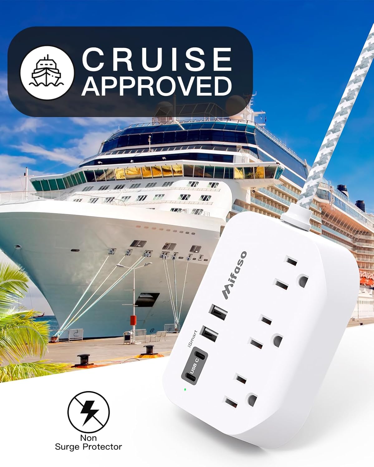 Cruise Ship Essentials - Mifaso Power Strip with USB Ports, 5Ft Flat Extension Cord with Multiple Outlets, USB Charging Station with Non Surge Protector for Cruise Ship, Travel, Dorm Room Essentials