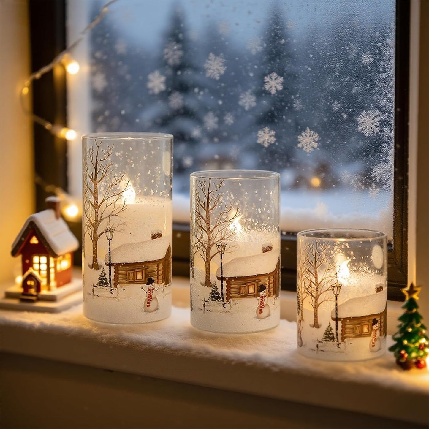 DRomance Snowman Glass Flameless Candles Battery Operated with Remote and Timer Real Wax LED Flickering Pillar Candles White Cold Light Window Christmas Holiday Decor D3 x 4",5",6"